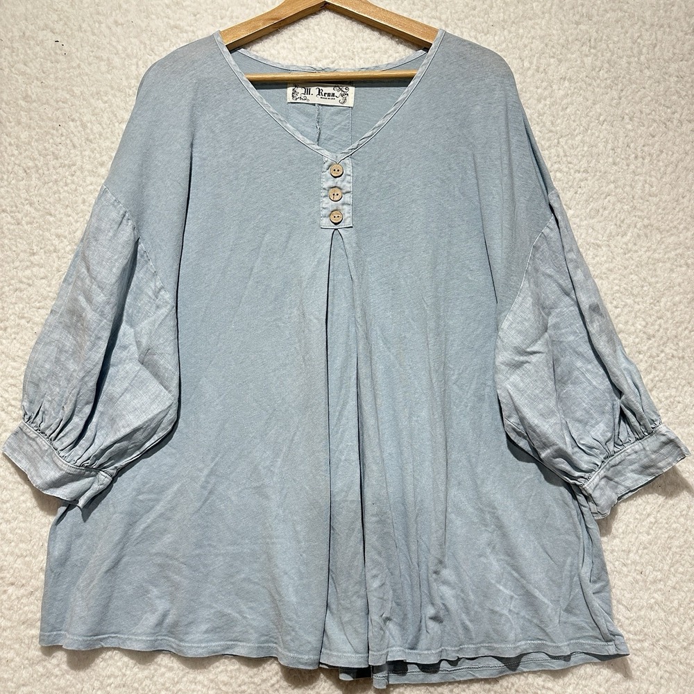 M. Rena Made In USA Tunic Woman's Light Blue‎ Cotton Blend Blouse Top Size Large